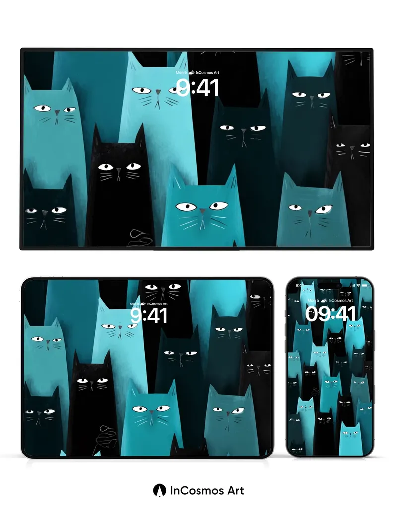 Whispering Teal Cats Wallpaper with Shadowed Gaze