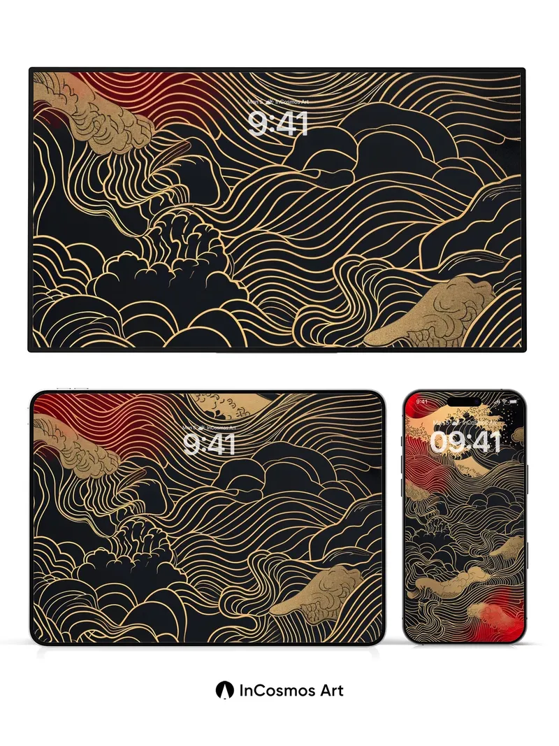 Golden Storm Wallpaper with Hokusai Waves