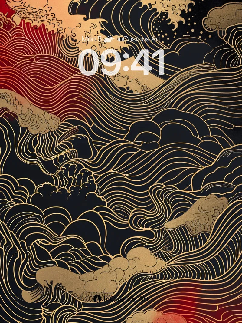 Golden Storm Wallpaper with Hokusai Waves