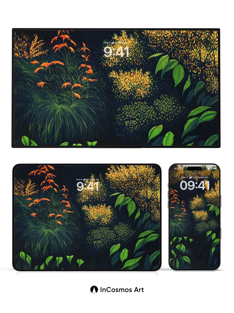 Nocturnal Garden Wallpaper with Golden Embers