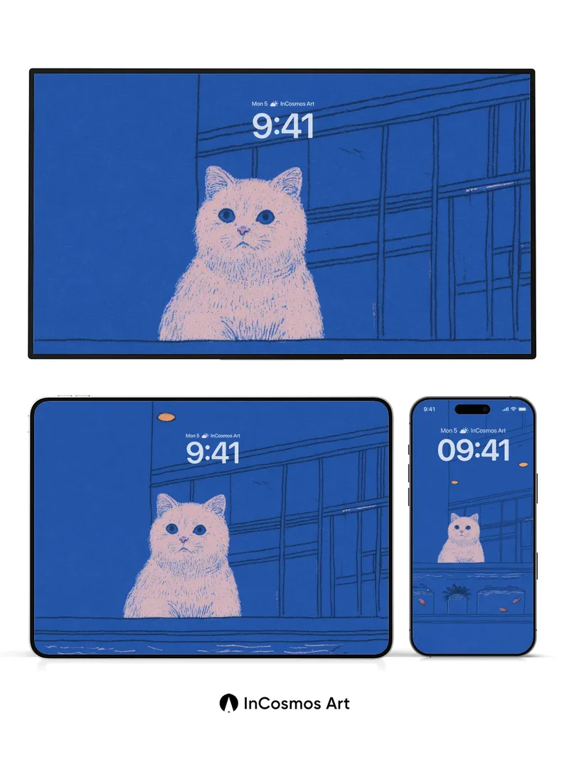 Calm Blue Cat Wallpaper with Fish Tank Glow