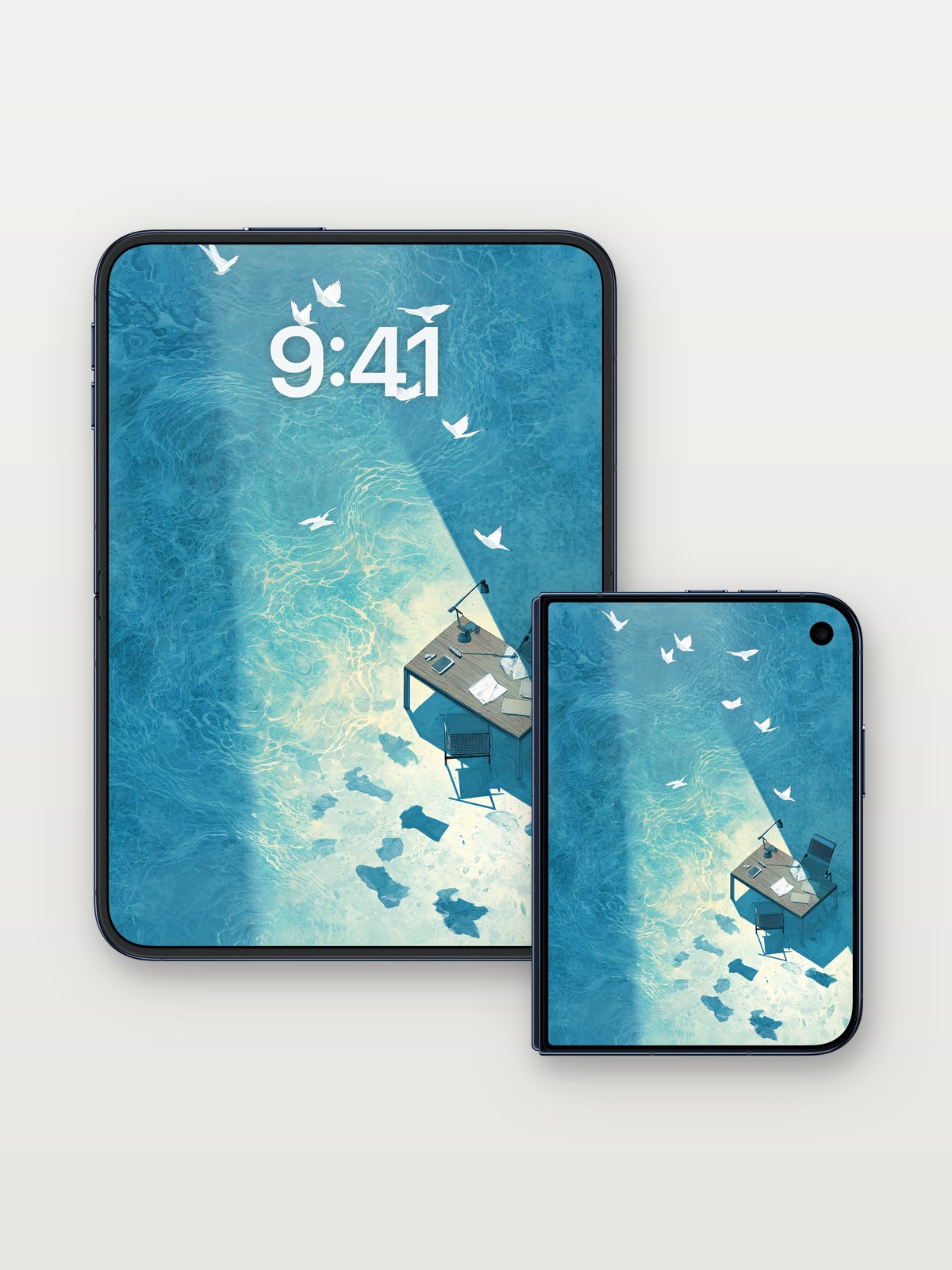 Submerged Desk Background with Sunlit Water on iPhone Duo, open and closed