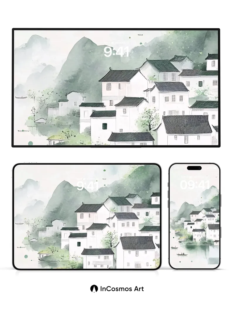 Misty River Village Wallpaper with Floating Canoes