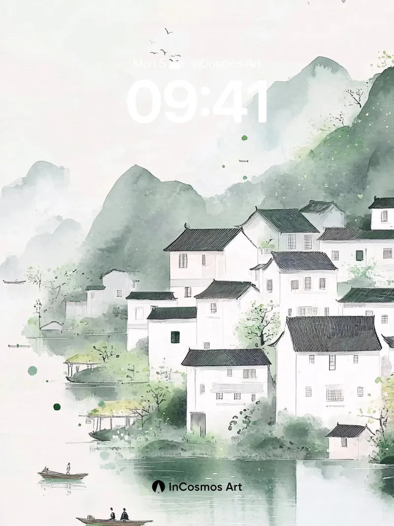 Misty River Village Wallpaper with Floating Canoes