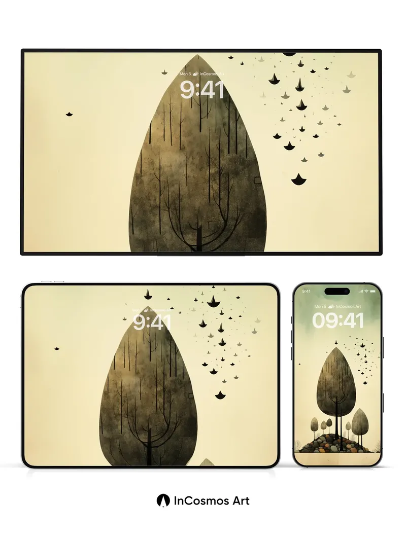 Whispering Stone Trees Wallpaper with Flying Silhouettes