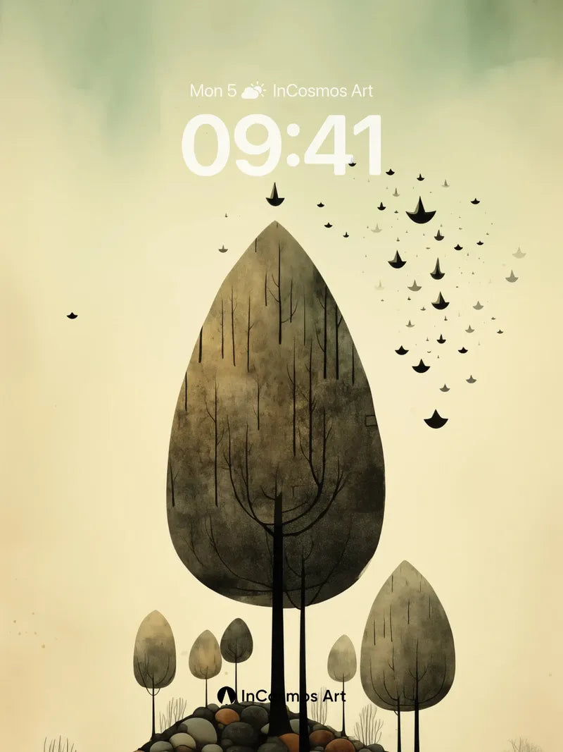 Whispering Stone Trees Wallpaper with Flying Silhouettes