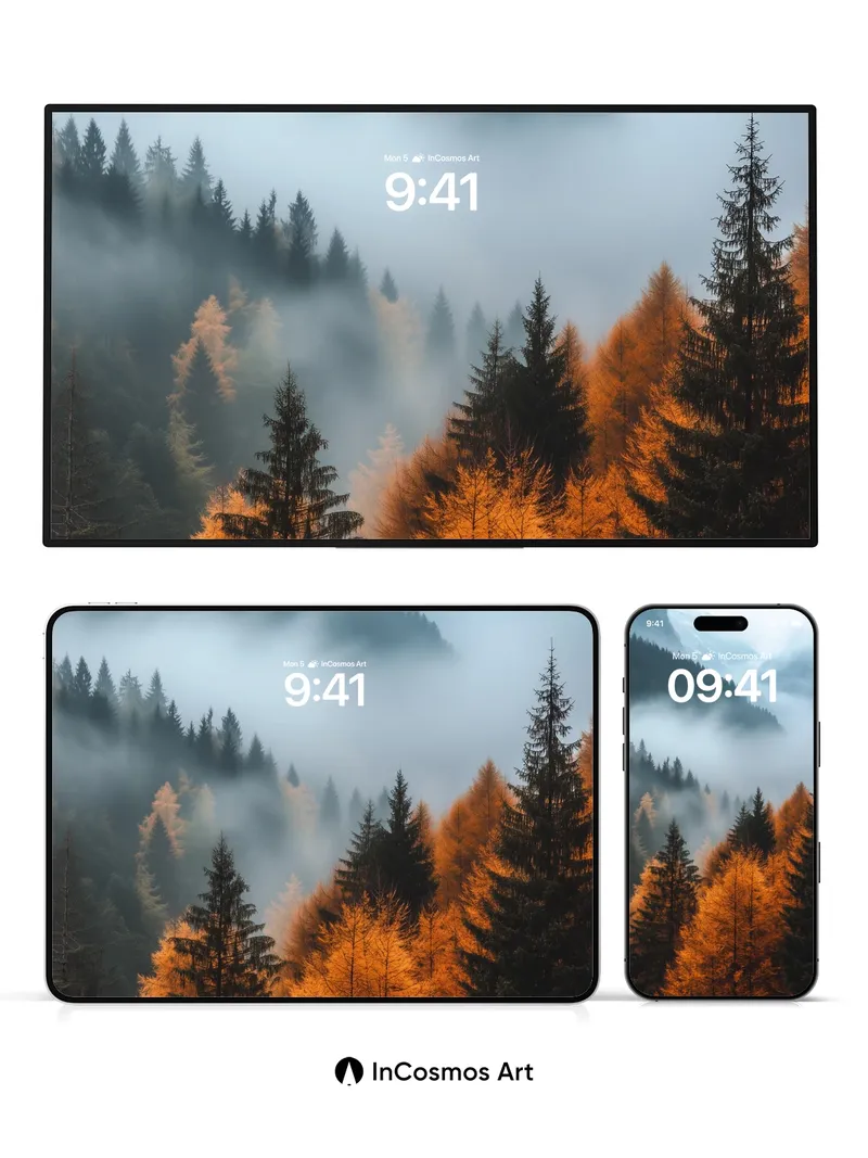 Autumn Hush Wallpaper with Mist-Weaved Pines