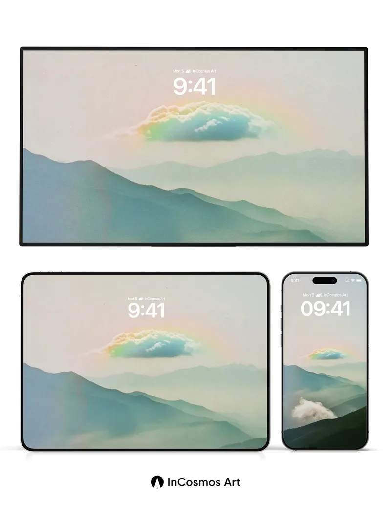 Serene Rainbow Cloud Wallpaper with Misty Peaks