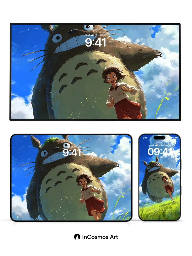 Whimsical Flight Wallpaper with Floating Totoro