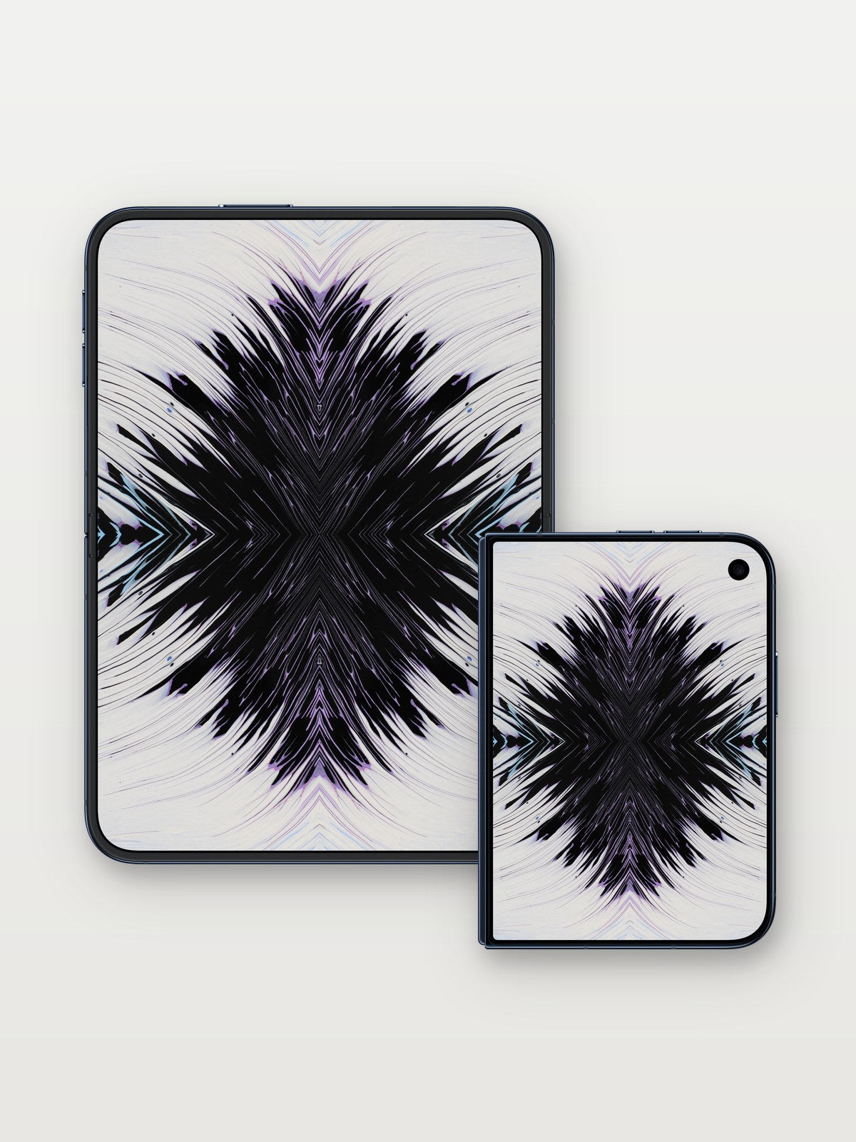 Fractal Shadow Wallpaper with Radiant Geometry on iPhone Duo, open and closed