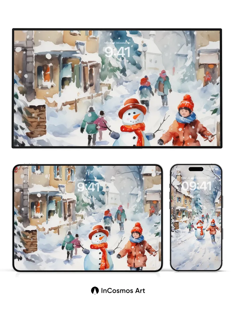 Snow-Kissed Village Wallpaper with Child's Joy