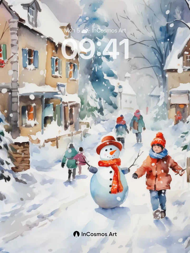 Snow-Kissed Village Wallpaper with Child's Joy