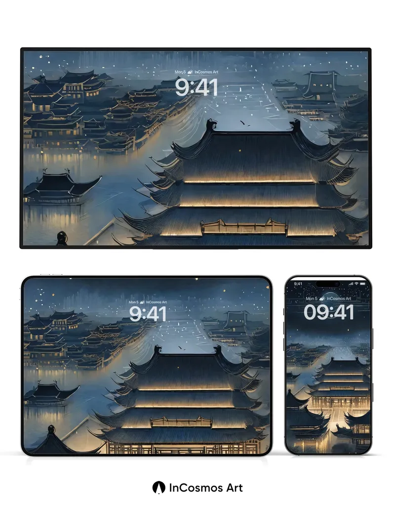 Lunar Reverie Wallpaper with Floating Temples