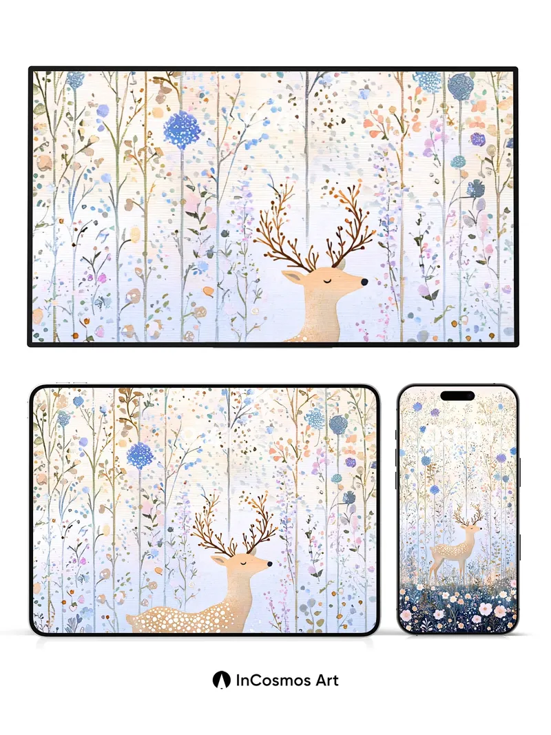 Serene Meadow Wallpaper with Stag and Starlight Blooms