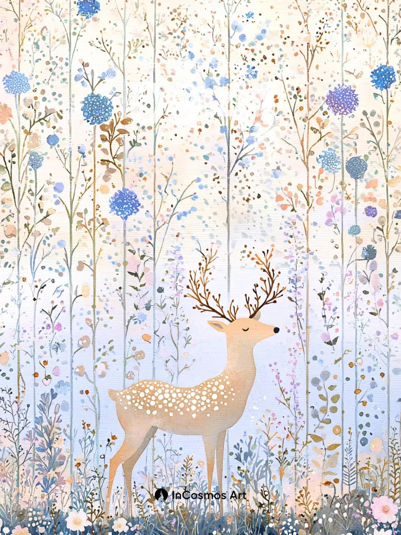 Serene Meadow Wallpaper with Stag and Starlight Blooms