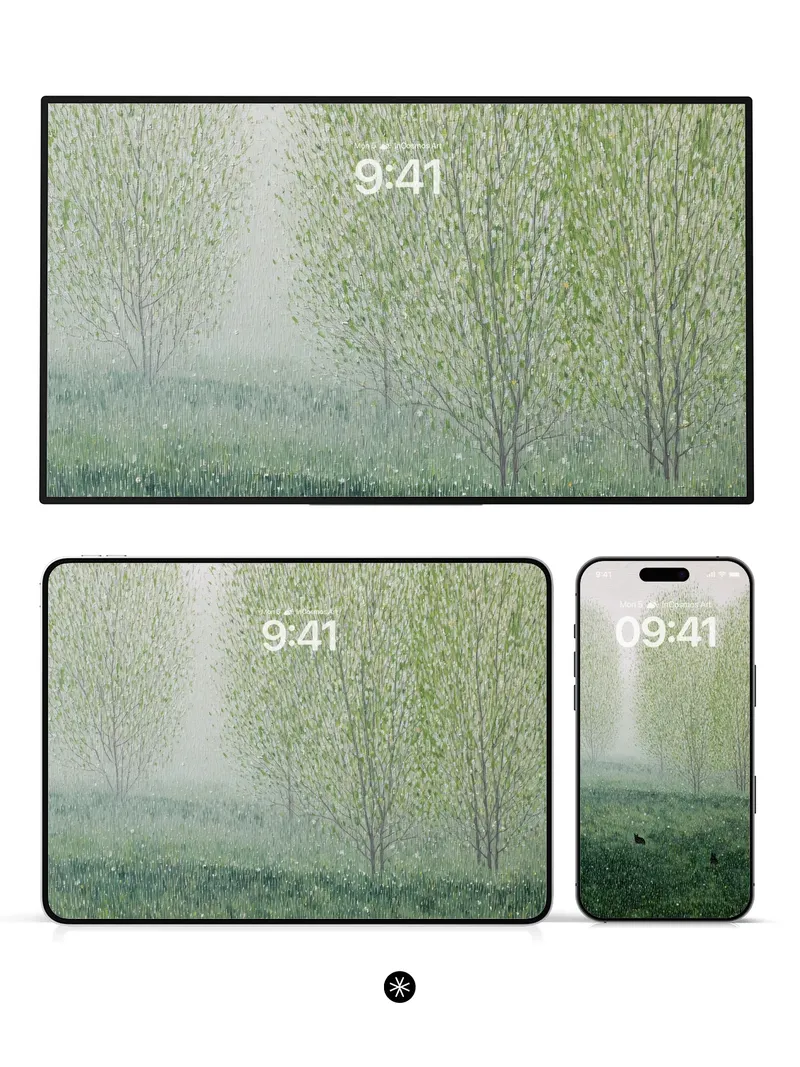 Soft Mist Wallpaper with Whispering Birch