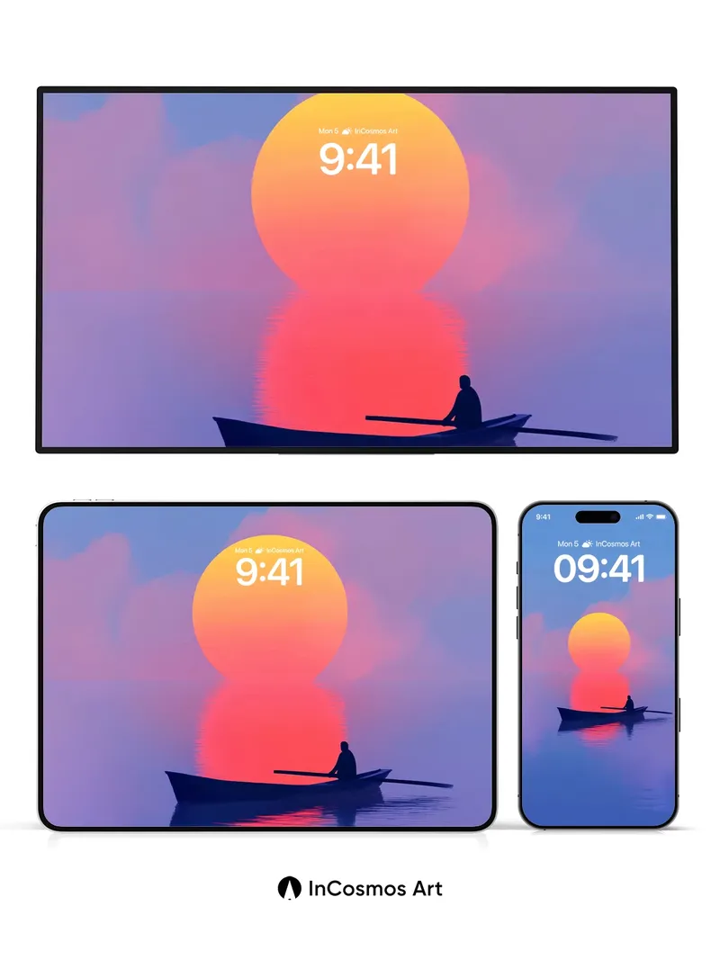 Serenity Sunset Wallpaper with Floating Solitude