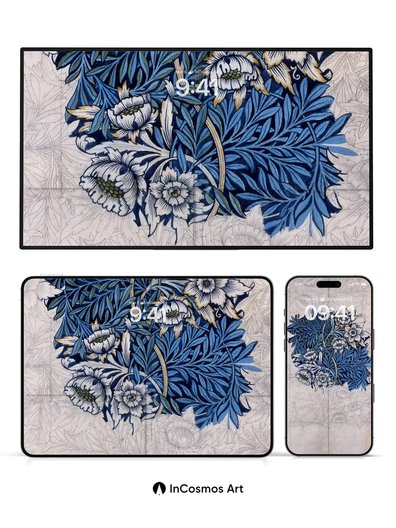 Cobalt Bloom Wallpaper with Faded Sketch Lines