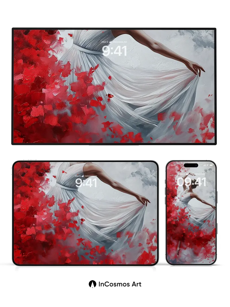 Floating Grace Wallpaper with Crimson Petal Storm