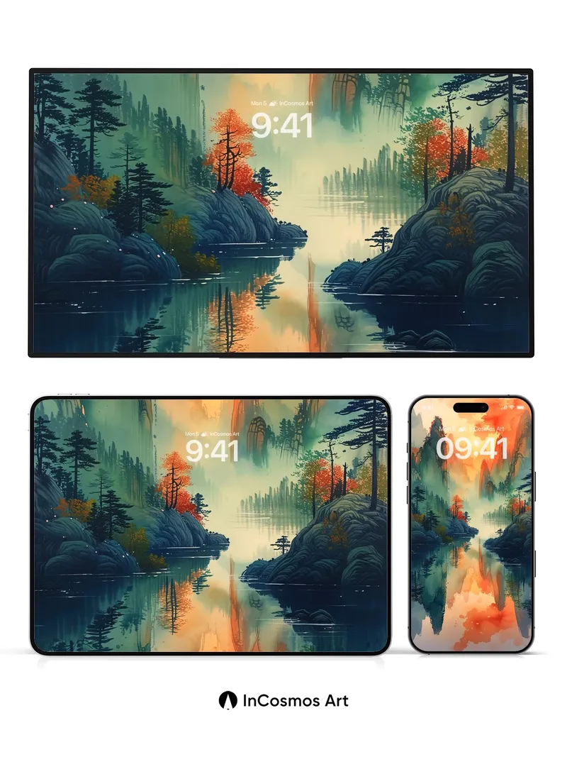 Crimson Reverie Wallpaper with Mountain Mirrors