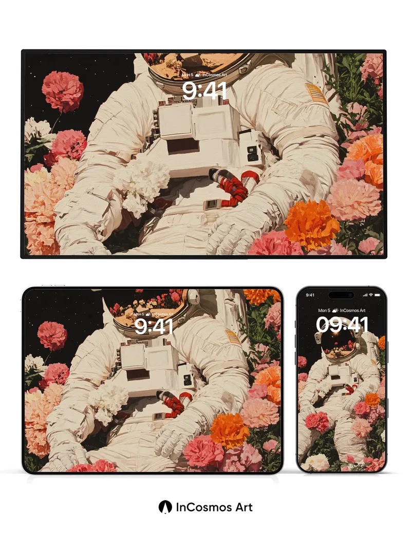 Cosmic Bloom Wallpaper with Astronaut Serenity