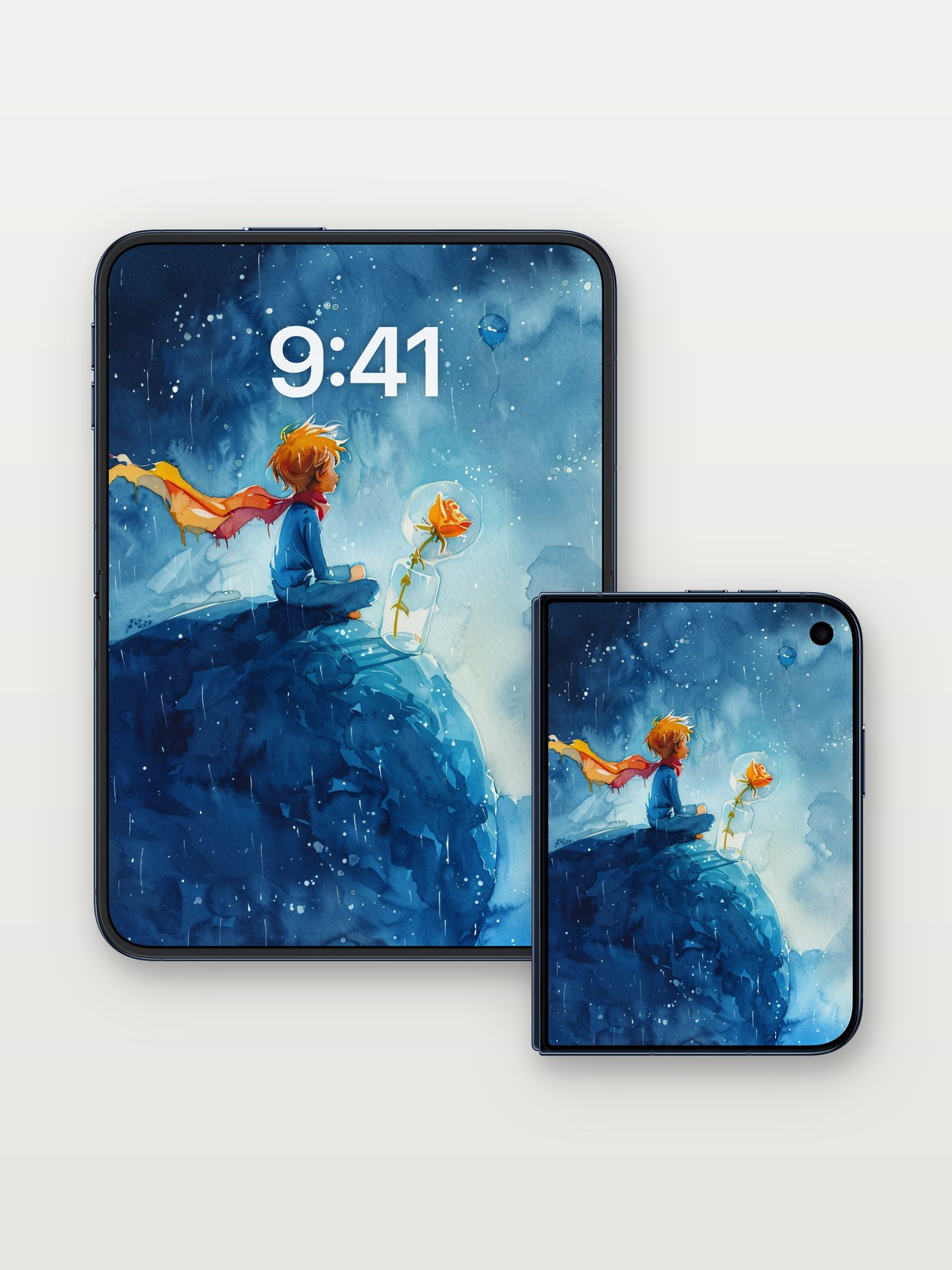 Starry Solitude Wallpaper with Floating Rose on iPhone Duo, open and closed