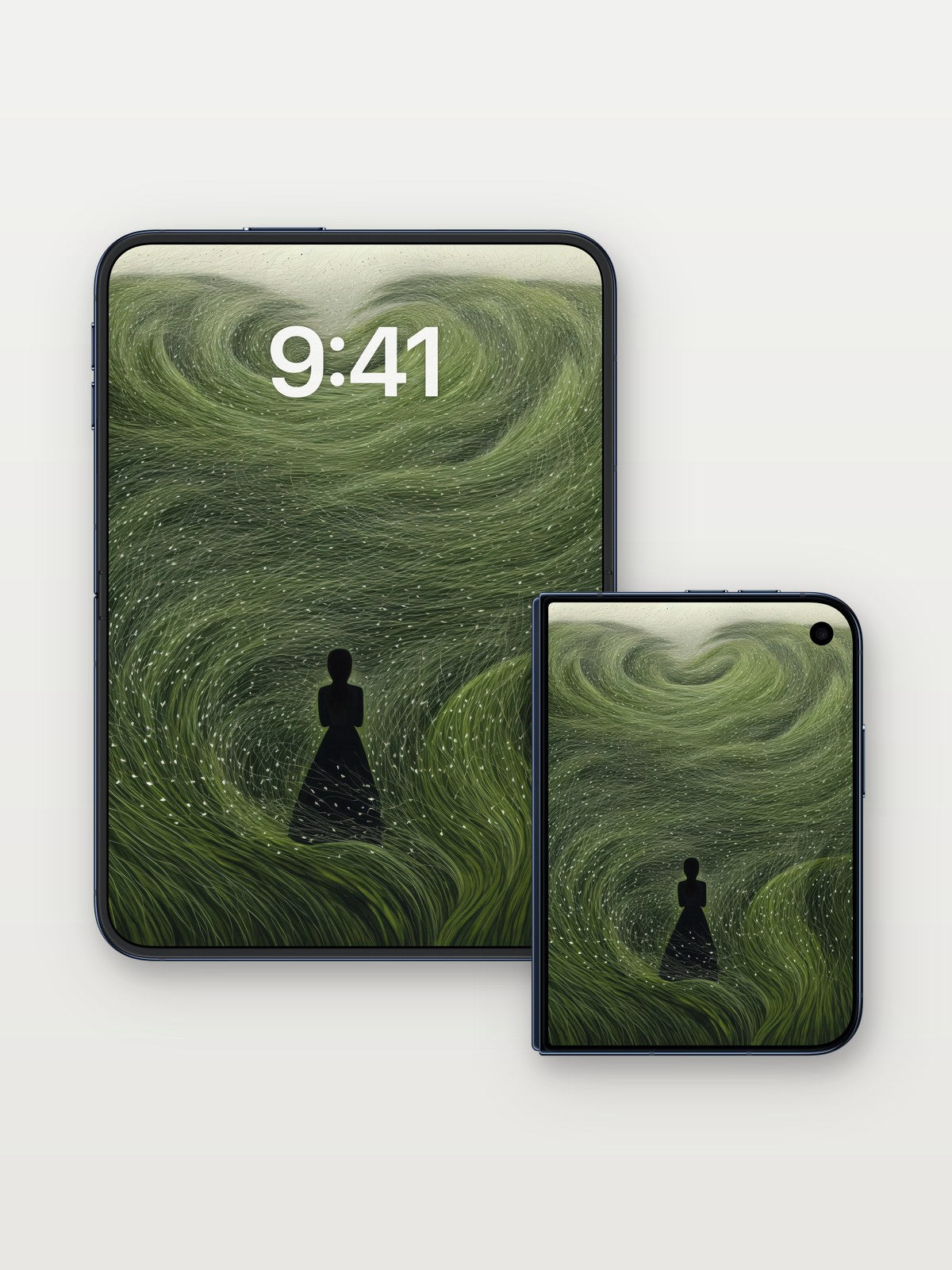 Whispering Vine Wallpaper with Starlit Threads on iPhone Duo, open and closed