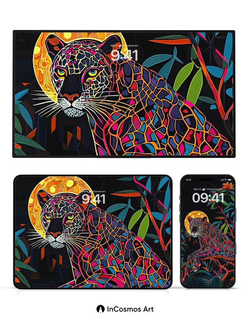 Electric Jungle Wallpaper with Neon Leopard