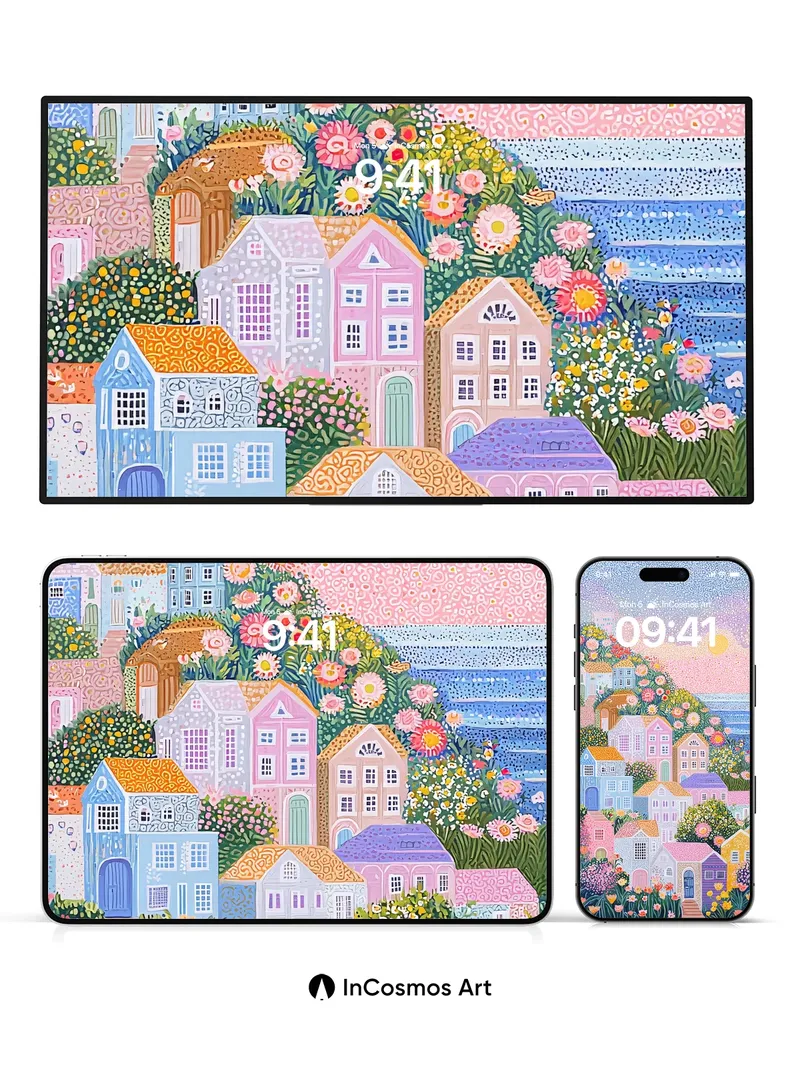Whimsical Village Wallpaper with Flowered Hills