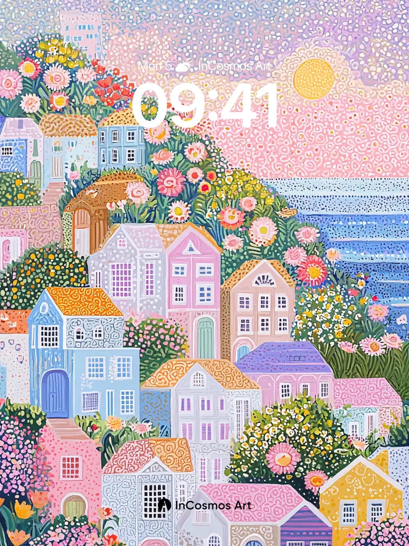 Whimsical Village Wallpaper with Flowered Hills