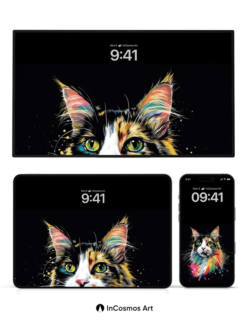 Rainbow Feline Wallpaper with Cosmic Splatter