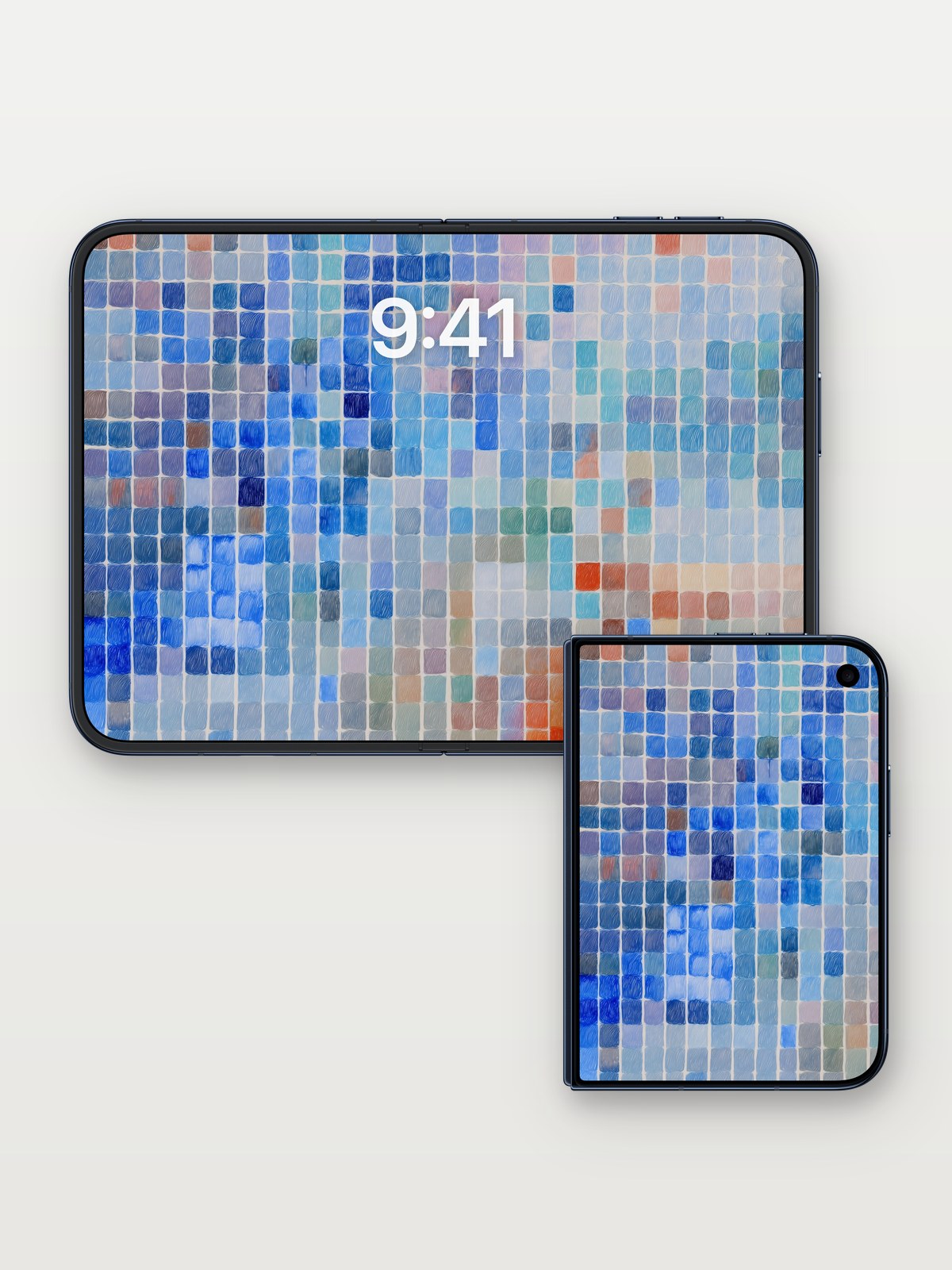 Soft Mosaic Gradient Wallpaper in Pastel Haze on iPhone Duo, open and closed
