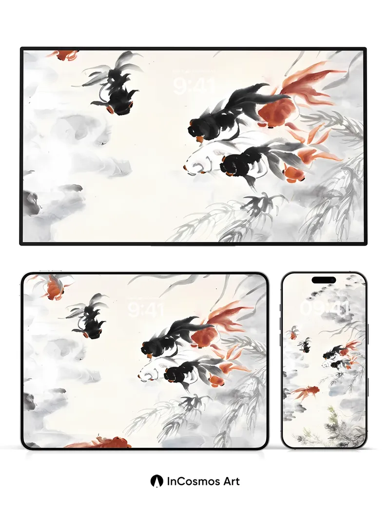 Serene Ink Flow Wallpaper with Goldfish Drift