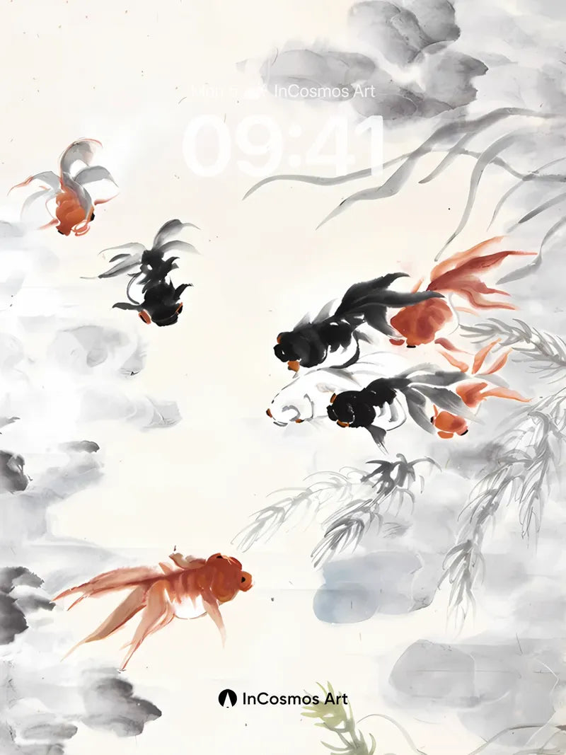 Serene Ink Flow Wallpaper with Goldfish Drift