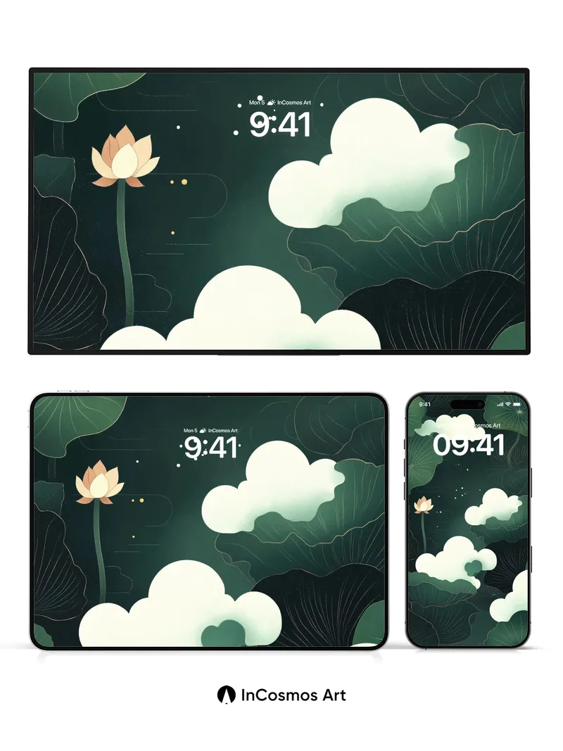 Nocturnal Lotus Wallpaper with Floating Clouds