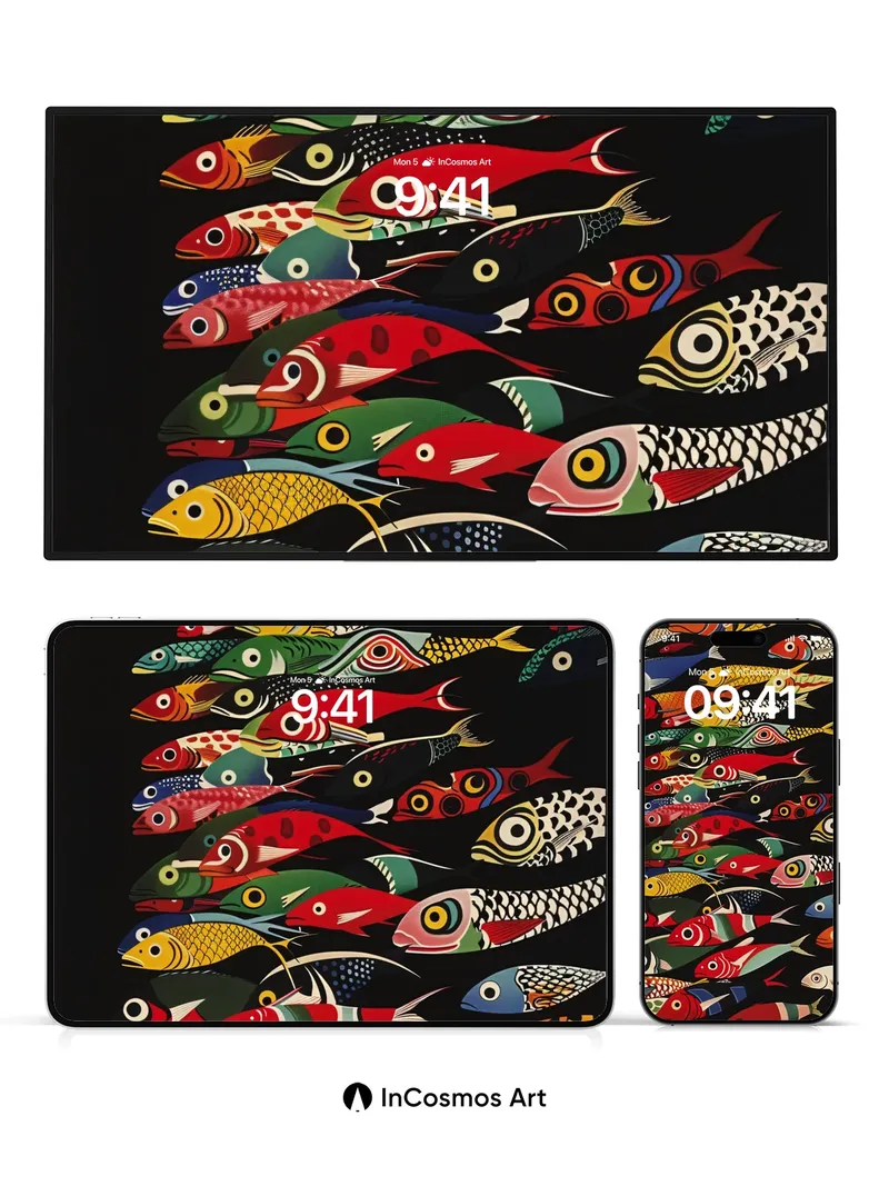 Whimsical Fish Swarm Wallpaper with Bold Patterns