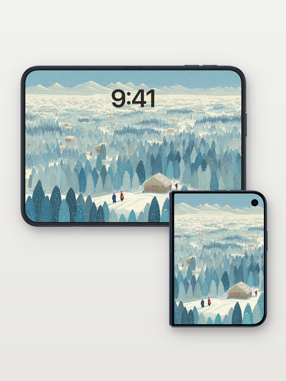 Winter Forest Canopy Cozy Background on iPhone Duo, open and closed