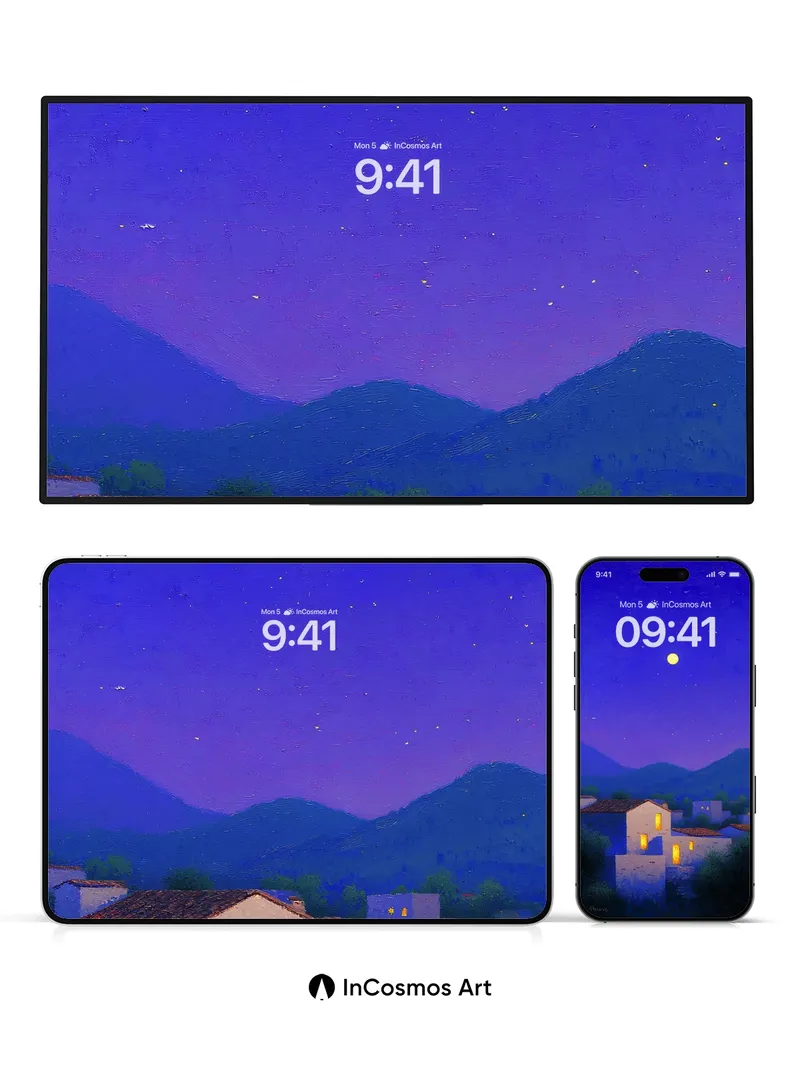 Luminous Village Wallpaper Under Moonlit Sky