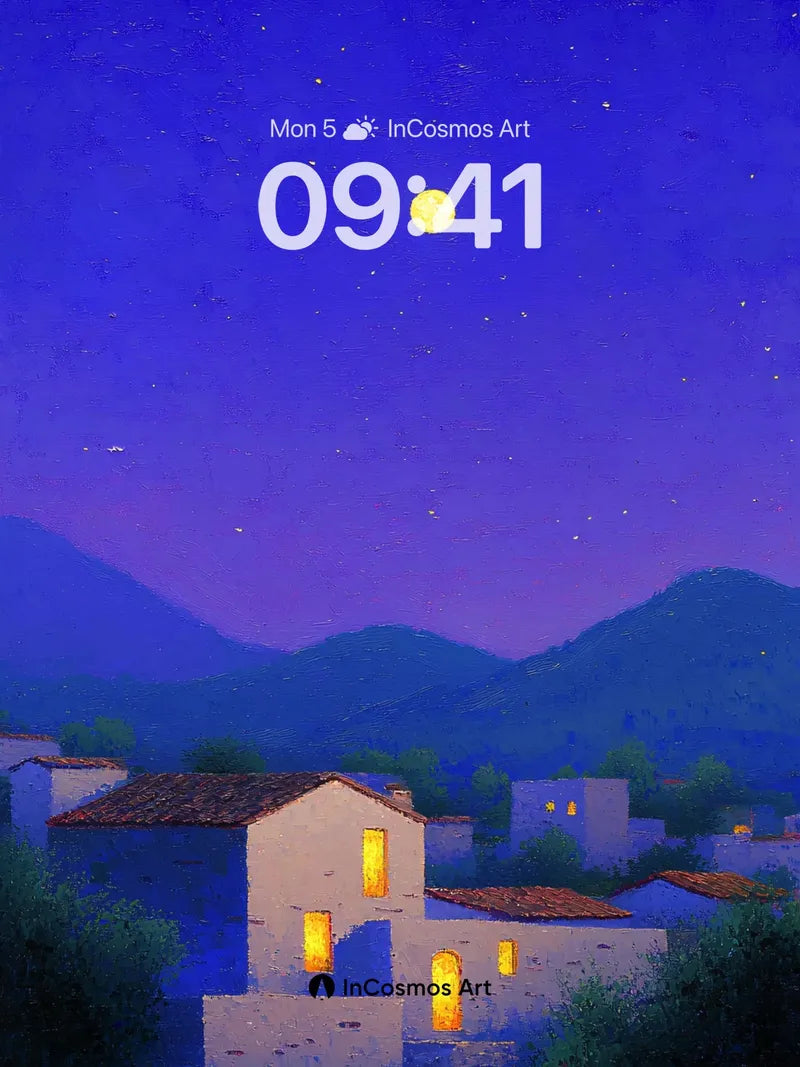 Luminous Village Wallpaper Under Moonlit Sky