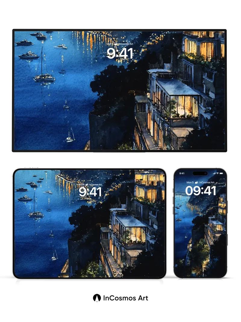 Luminous Cliffside Wallpaper with Floating Lights