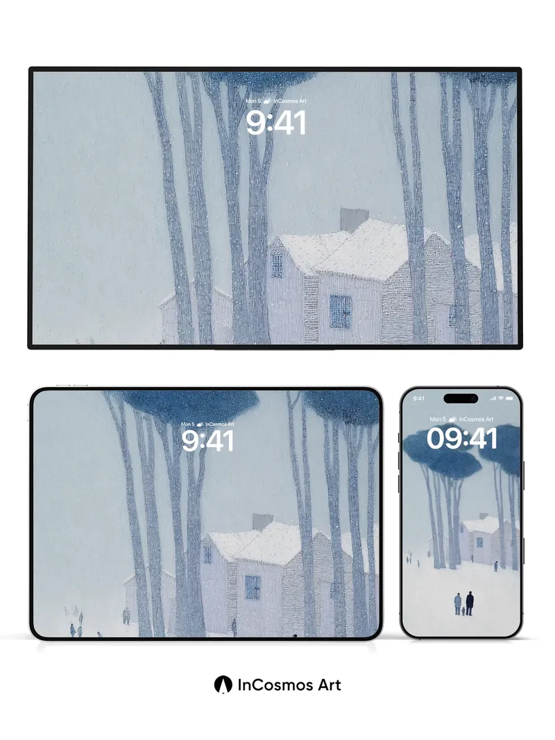 Frost-Whispered Trees Wallpaper with Snow-Cradled Homes