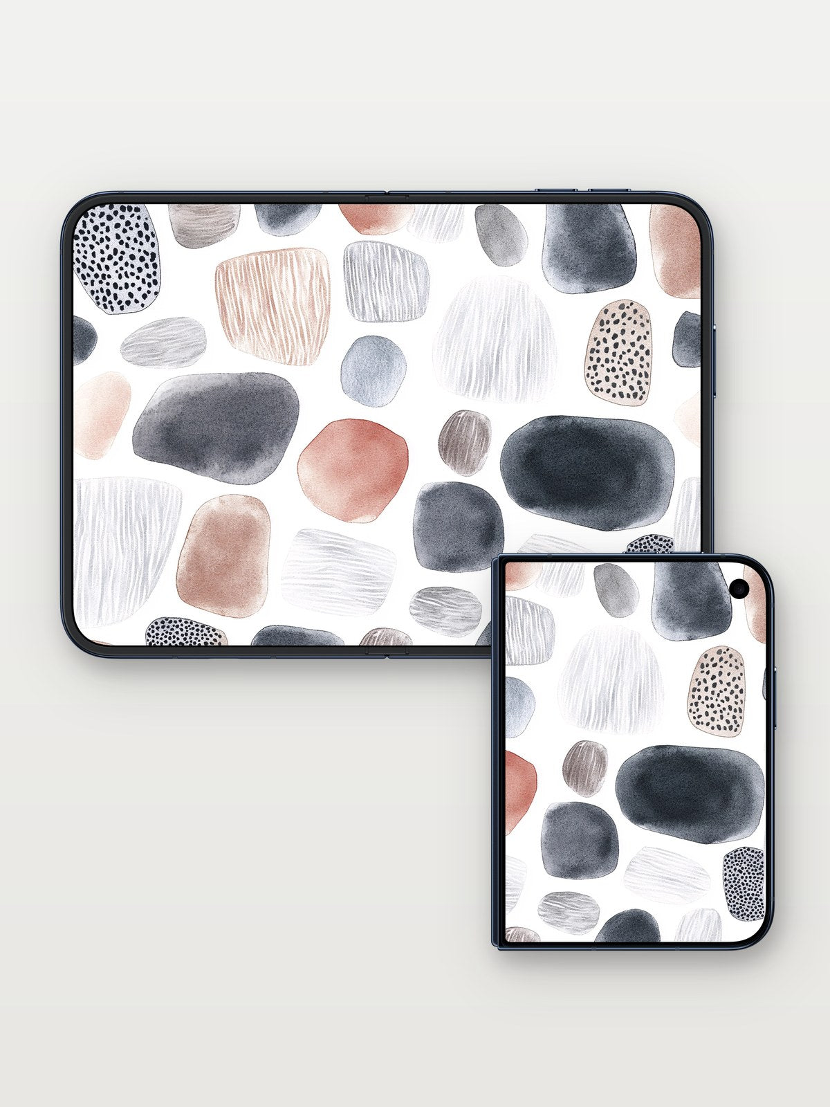 Stone Hush Wallpaper with Whispered Patterns on iPhone Duo, open and closed