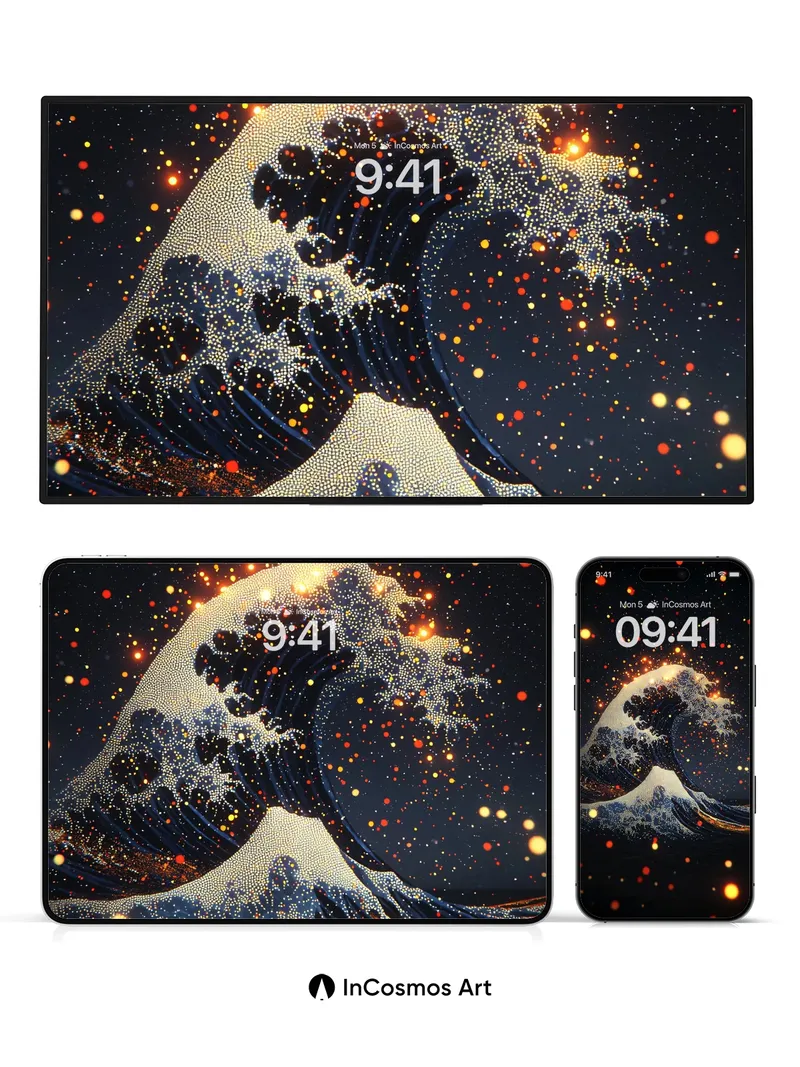 Cosmic Wave Wallpaper with Sparkling Particles