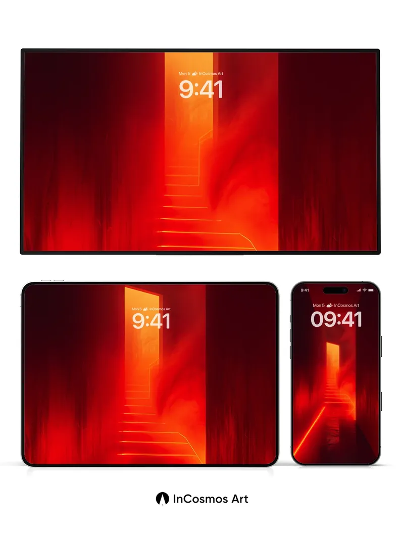 Crimson Corridor Wallpaper with Neon Steps