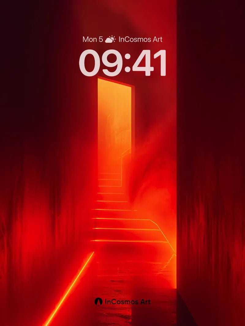 Crimson Corridor Wallpaper with Neon Steps