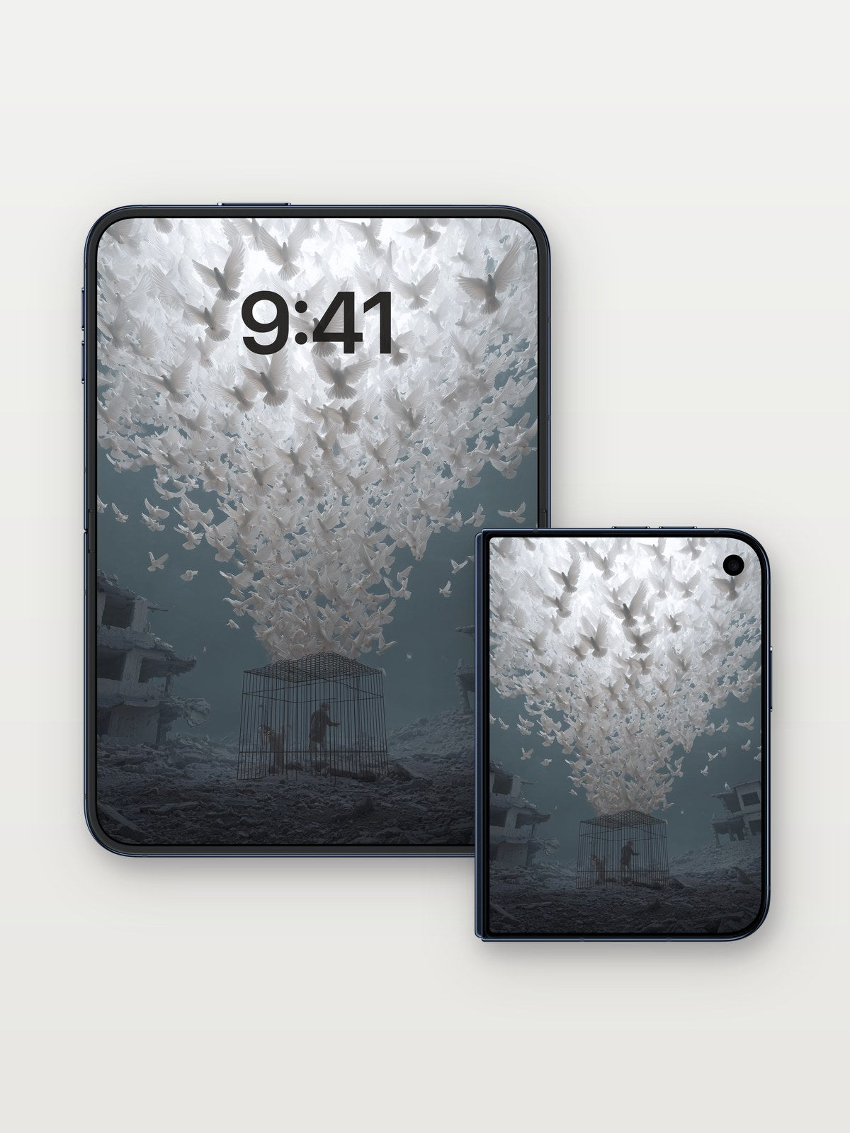 Caged Light Wallpaper with羽翼 Storm on iPhone Duo, open and closed