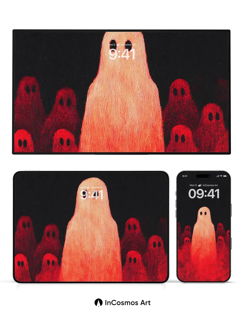 Crimson Hush Ghost Wallpaper with Glowing Eyes