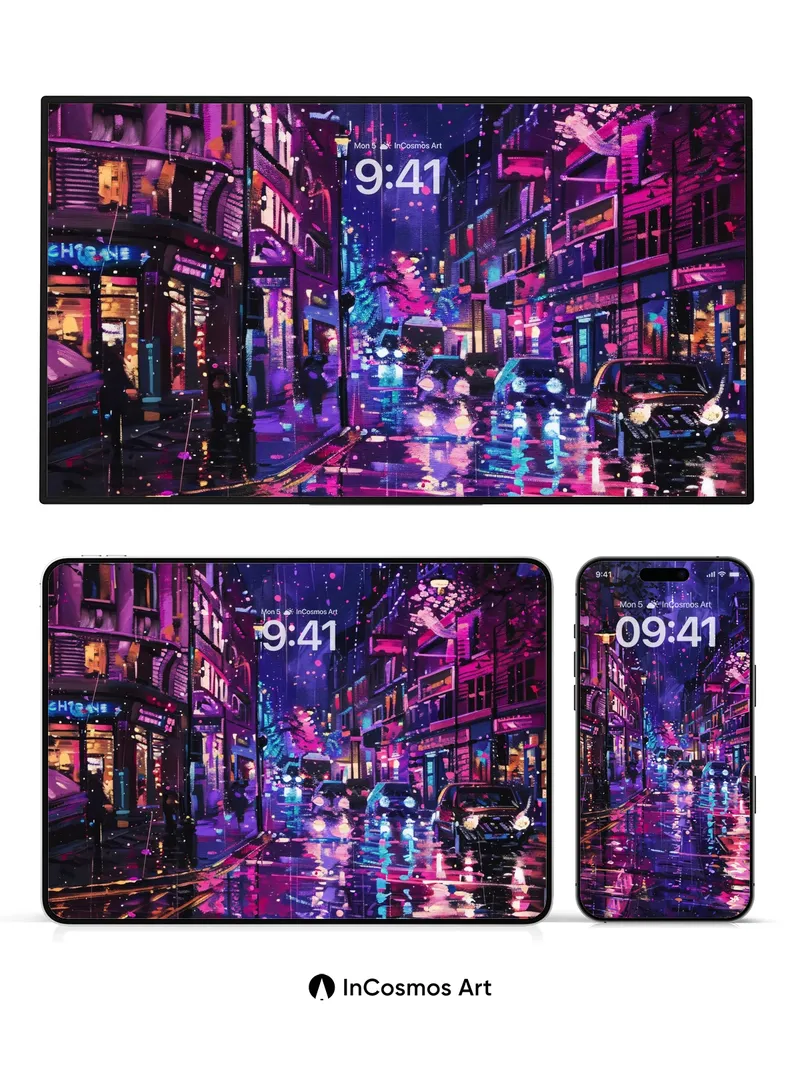 Neon Reverie Wallpaper with Rain-Soaked Reflections