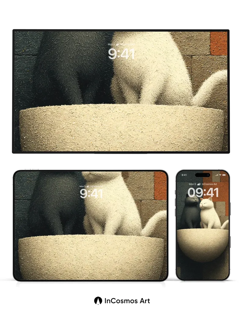 Serene Feline Embrace Wallpaper with Textured Stone Nest