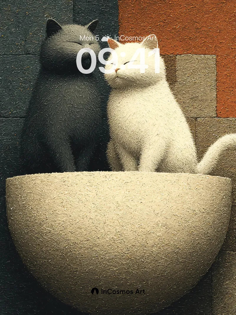 Serene Feline Embrace Wallpaper with Textured Stone Nest